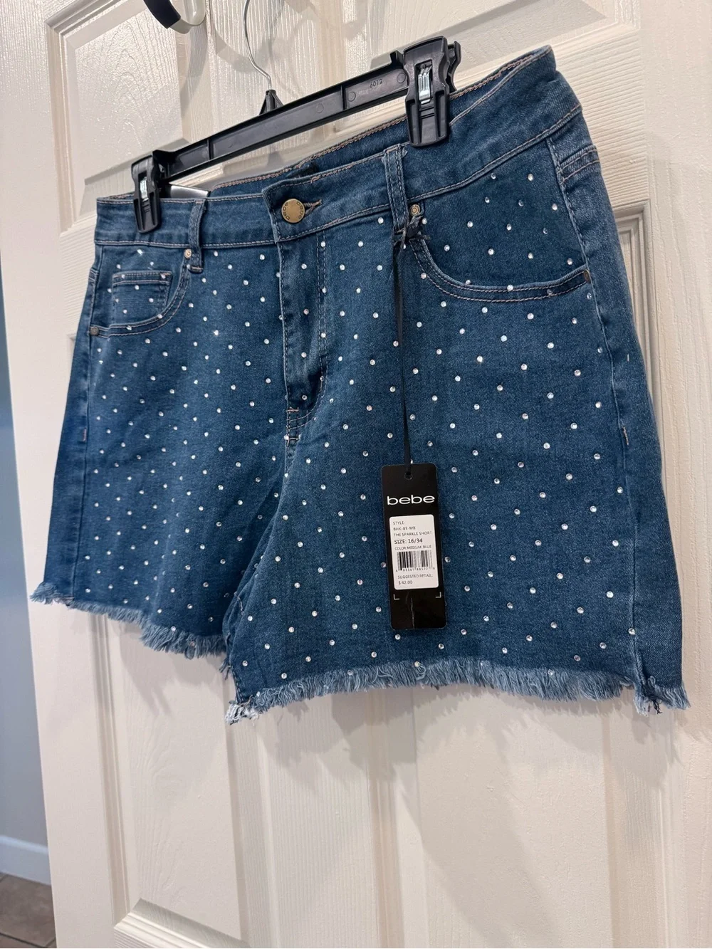 bebe Dark Blue Denim Studded Frayed-Hem Shorts